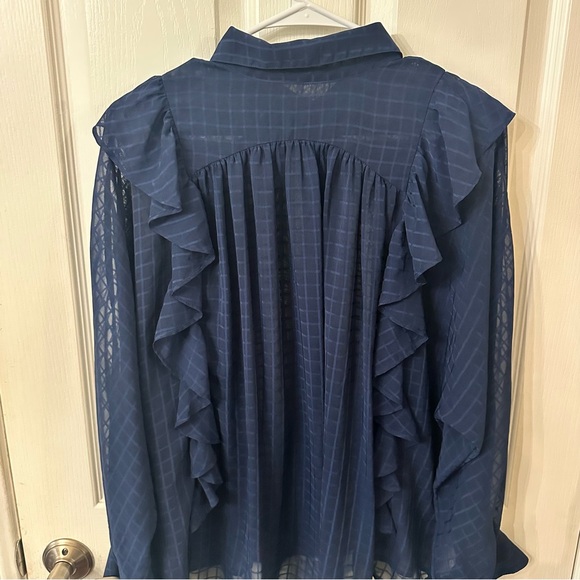 Free People sheer navy blue plaid ruffle blouse, S - Picture 5 of 5